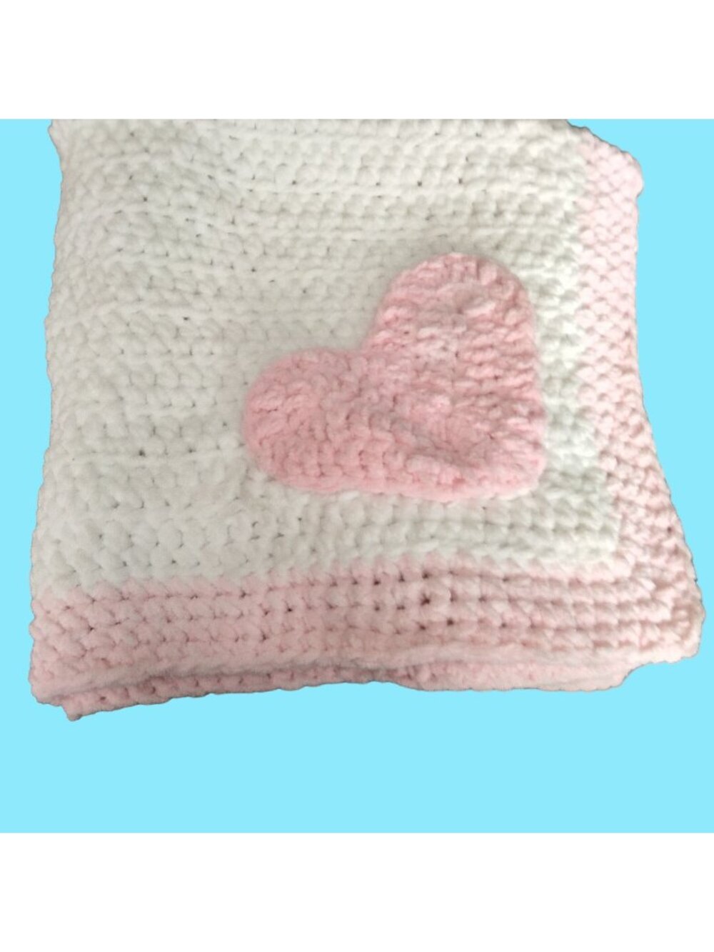 Handcrafted baby Blanket White Pink Heart Chunky Chenille Yarn Super Soft